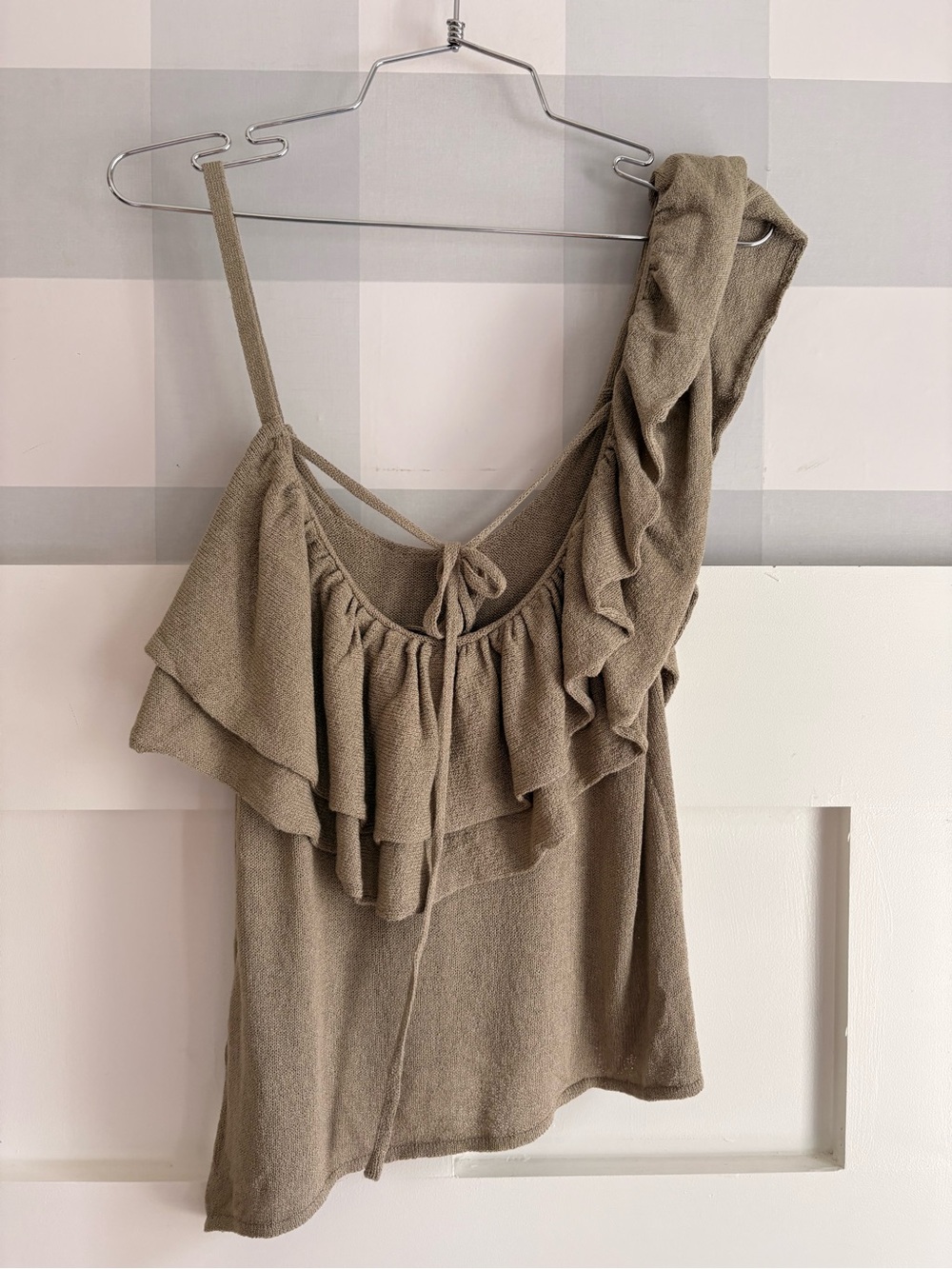 Zara Olive One-Shoulder Ruffle Top Large - Picture 5 of 7